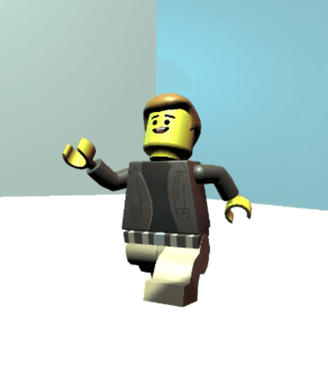 Picture of a 3D model of a lego person mid jump